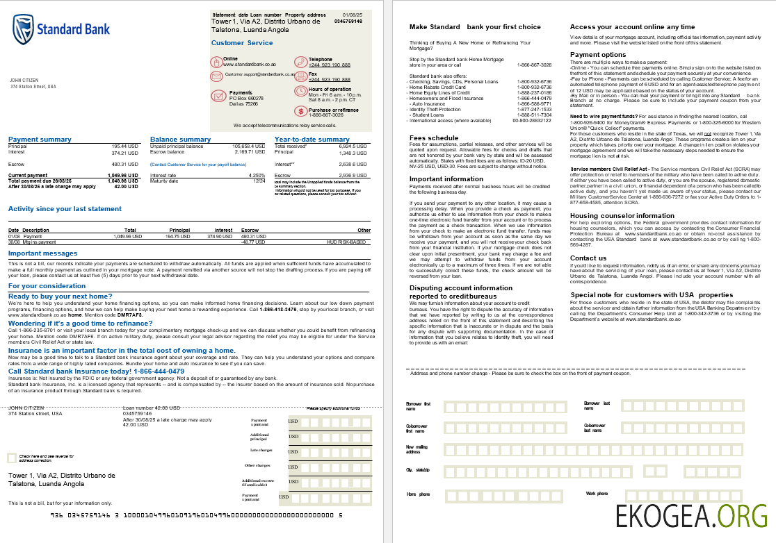 Relevé hypothécaire de la USA Standard Bank aux formats Word et PDF, 2 pages
